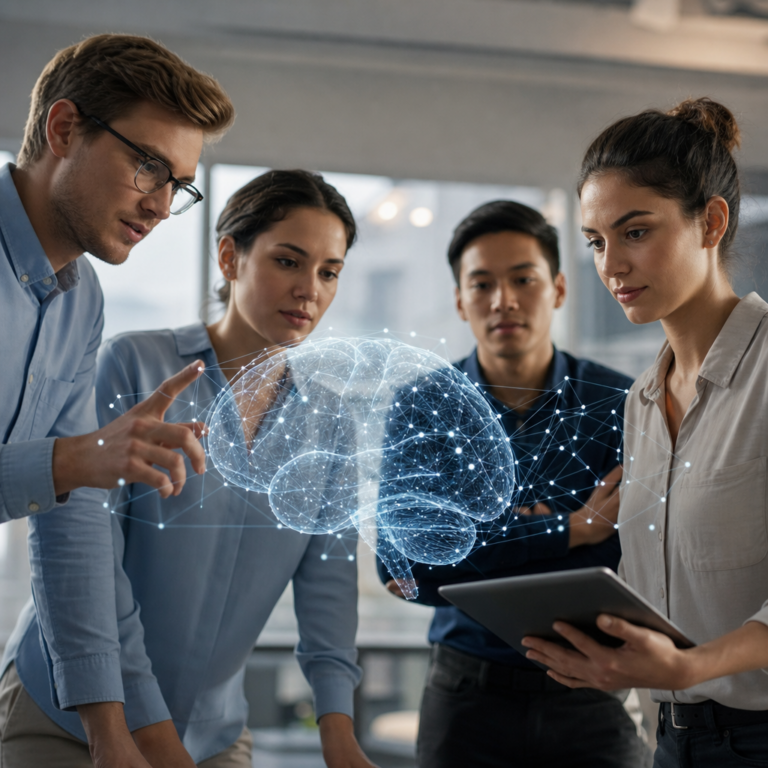 Small group of consultants grouped around a digital brain