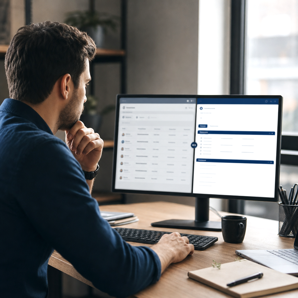 A thoughtful technical leader at a desk designing